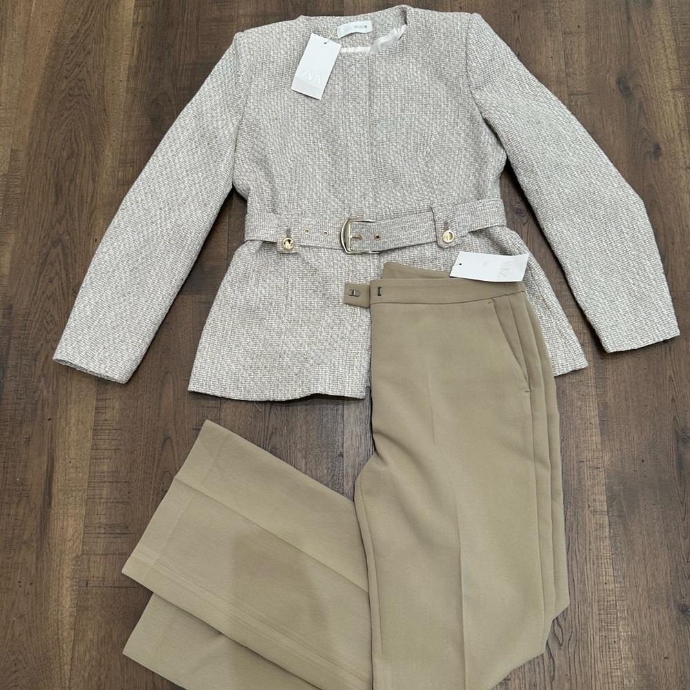 Zara Beige Tweed Belted Blazer
